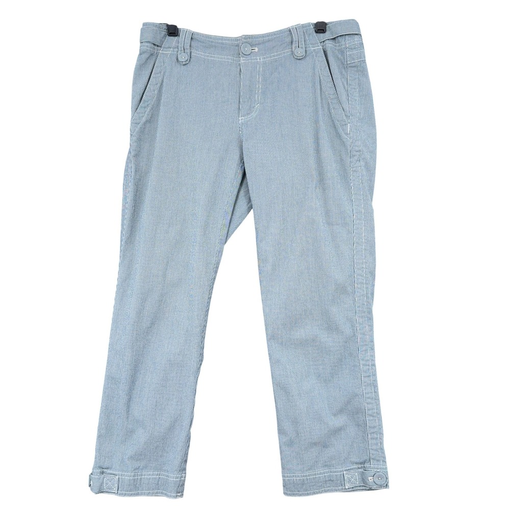 Eddie Bauer Shaw Women 2 Cotton Spandex Blue White Hickory Stripe Crop Pants